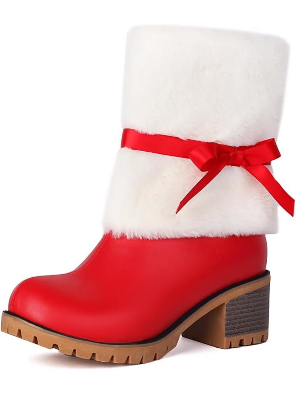 Women's Red Leather Stylish Sweet Furry Christmas Chunky Heel Snow Ankle Booties